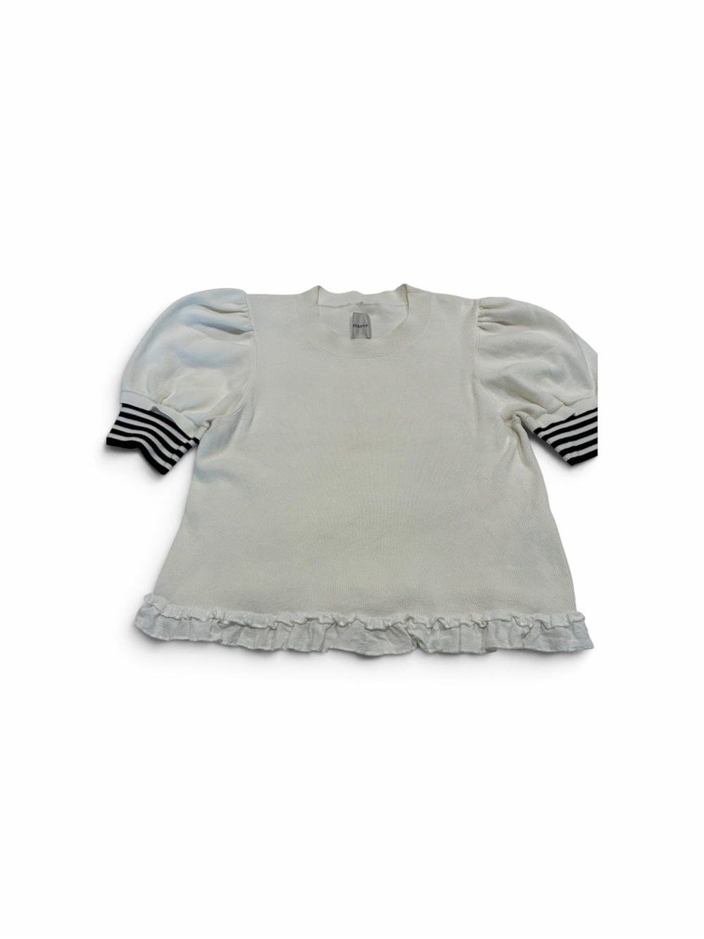 Maeve White Puff Sleeve Tee with Black Striped Cuffs